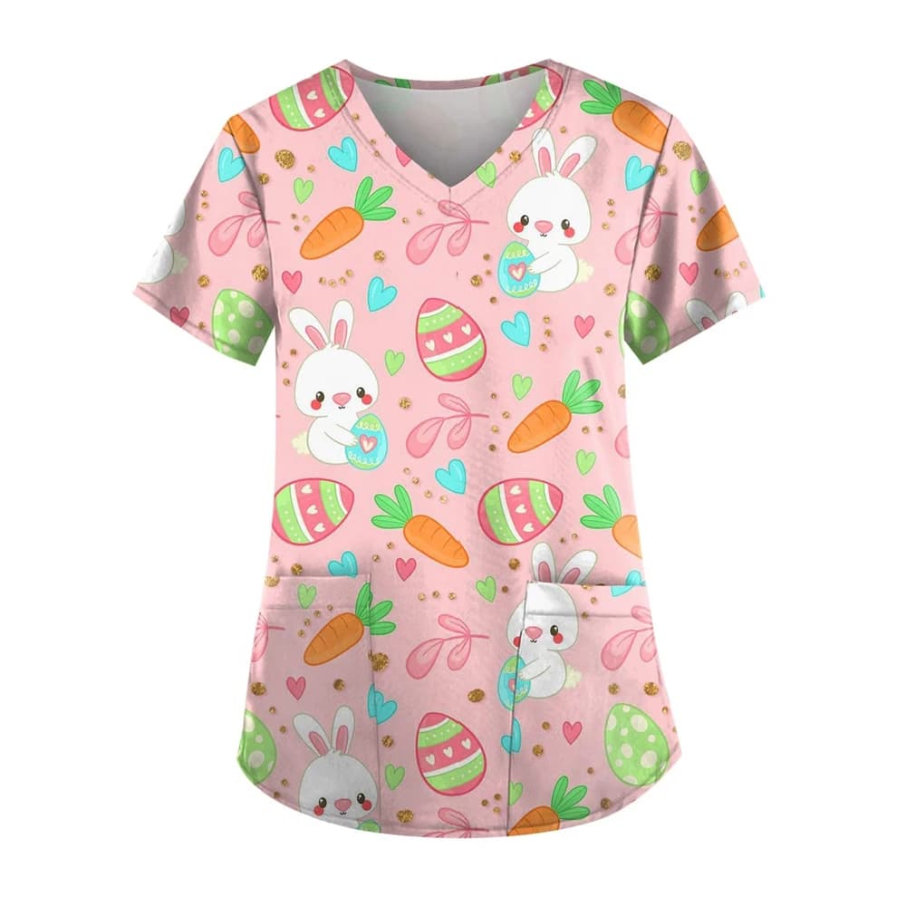Nuova uniforme da infermiera donna coniglietto pasquale stampa cartoon assistenza sanitaria medica top moda scollo a V manica corta uniforme medica da donna