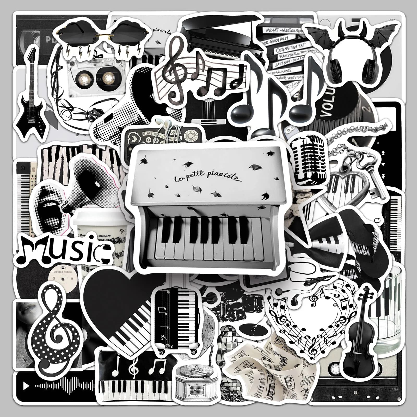 50PCS Aesthetic Black White Music Stickers Piano Guitar Retro Vinyl Decals for Scrapbook Journal Laptop DIY Crafts