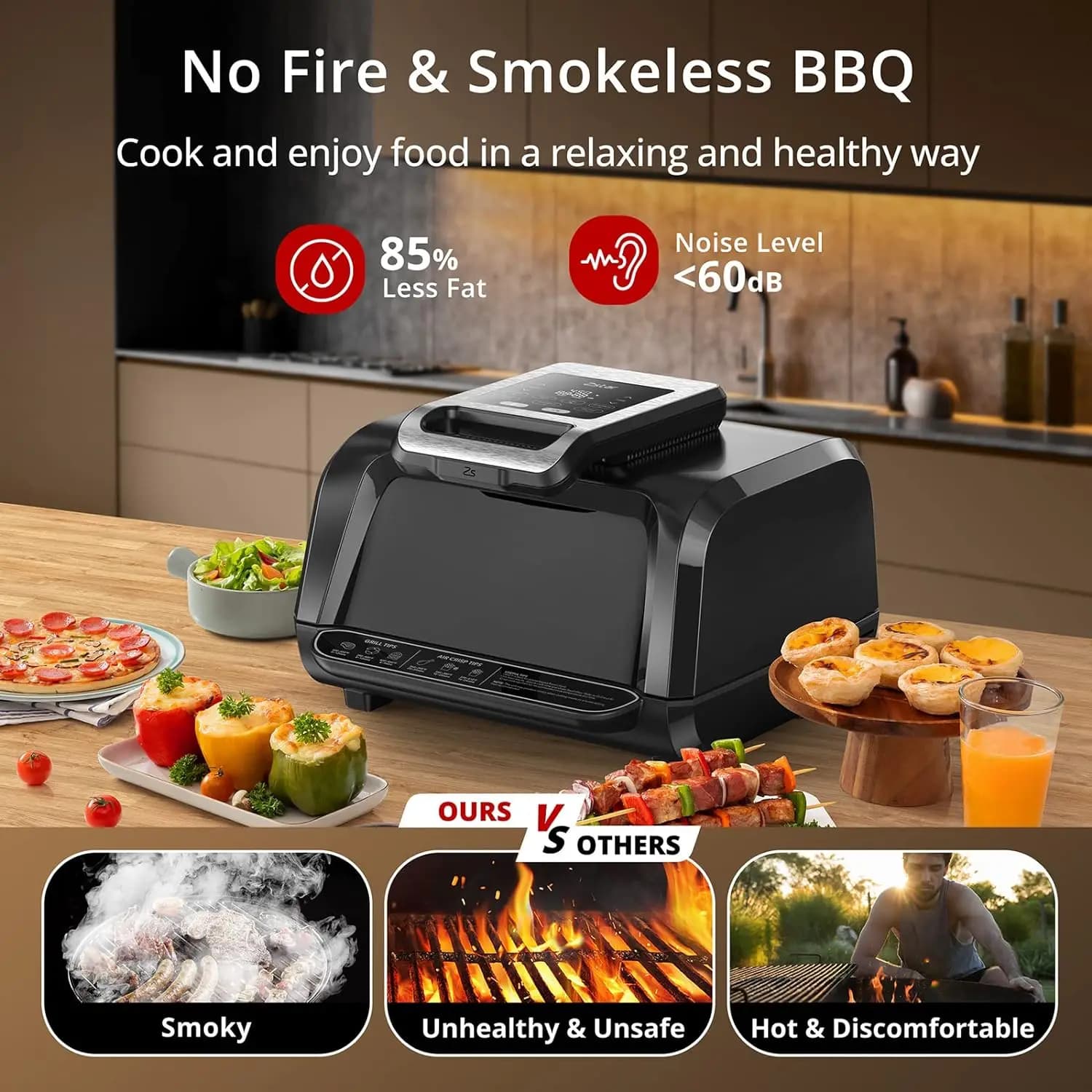 Friggitrice elettrica per interni senza fumo 7 in 1 combinata con piastre rimovibili per finestre trasparenti, fino a 450 ° f, 1750W, calore uniforme, 4qt