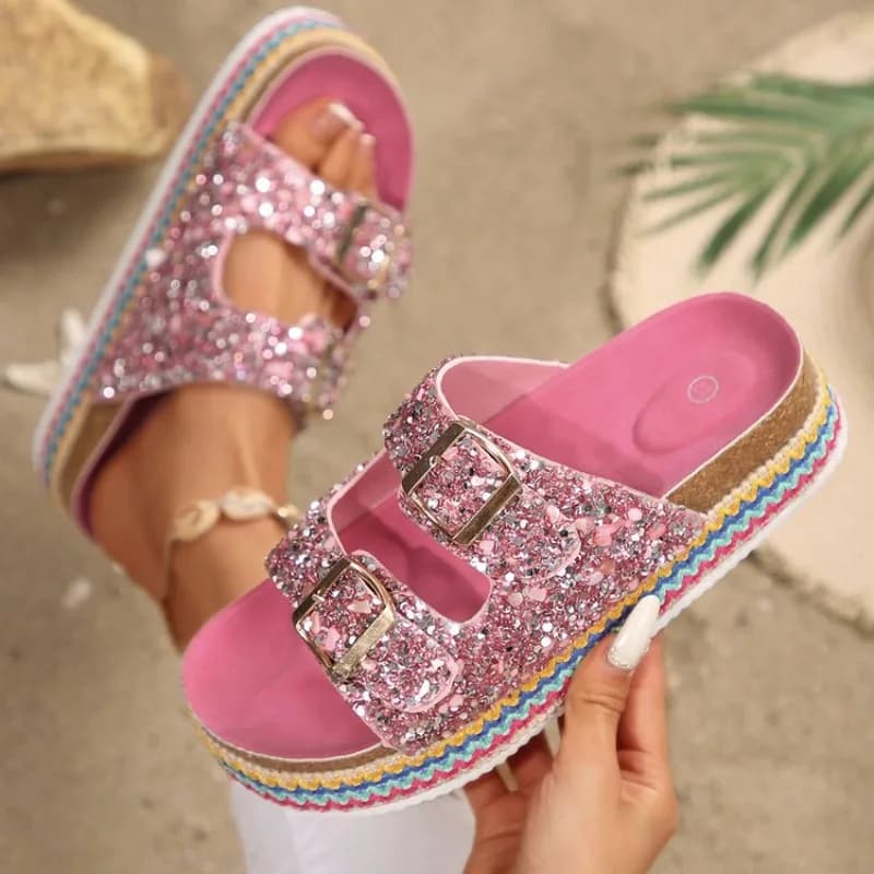 Nuovi Sandali Estivi con Plateau da Donna, alla Moda, con Punta Rotonda Aperta e Fibbia Metallica, Antiscivolo