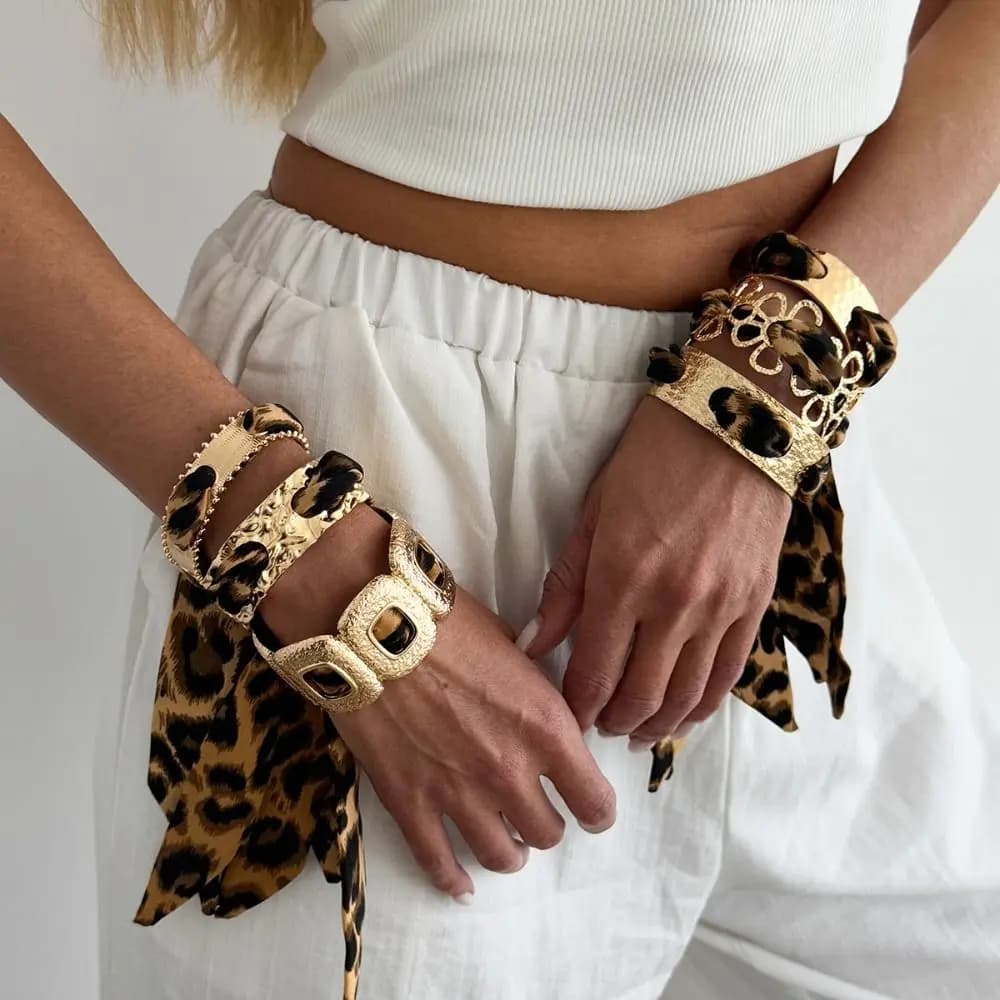 Leopard Print Silk Scarf Cuff Bangles Golden Ribbon-Wrapped Metal Wide Bracelet Vintage Minority Design Ethnic Style Wristband
