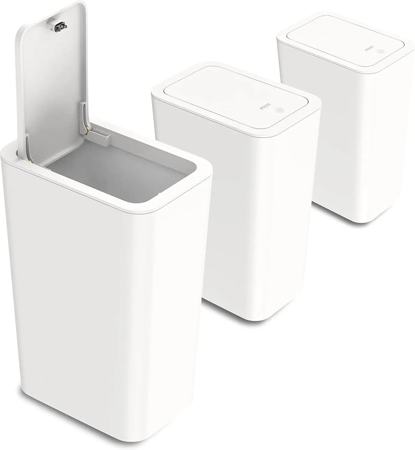 Set di 3 Piccoli Cestini per Rifiuti con Coperchio Pop-Up, Contenitori per Bagno, Cucina, Camera da Letto, Ufficio (Bianco Sporco)