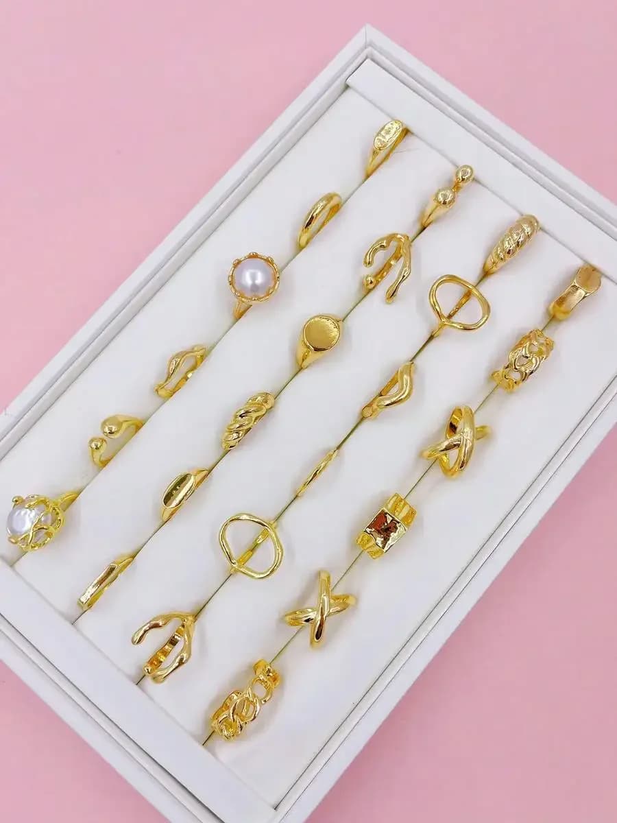 14/20pcs Faux Pearl Alloy Womens Adjustable Ring Set Trendy Floral Starfish Styles For Party Wedding Daily Wear Fashion Jewelry
