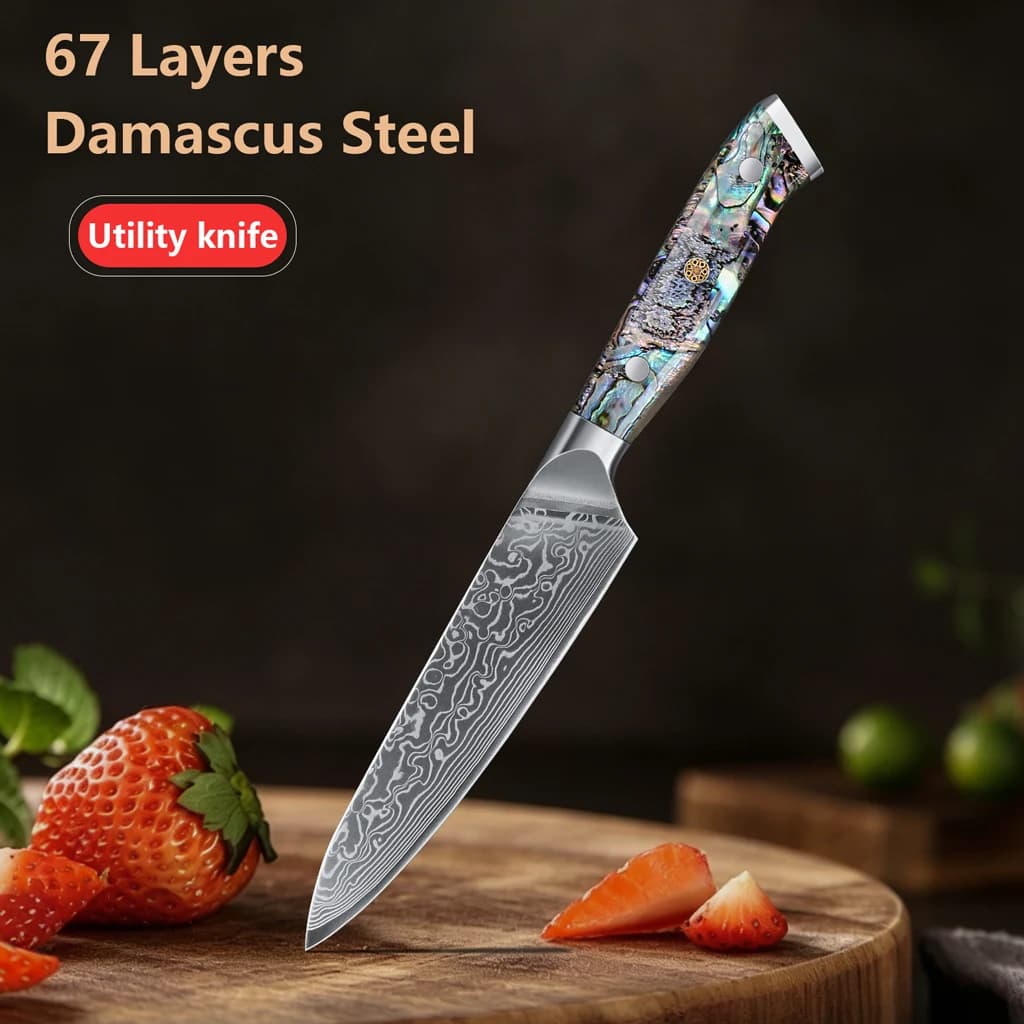 Damascus Utility Knife Abalone Shell Handle 67-Layer Damascus Professional Kitchen Knife for Precision Slicing Dicing Chopping