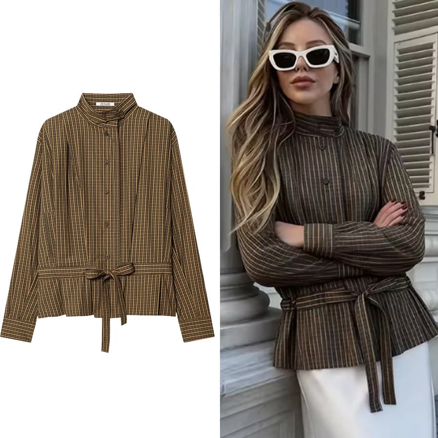 Camicia da Donna con Tasche e Stampa a Righe, Moda Primaverile Vintage a Maniche Lunghe con Cintura, Top Casual Elegante e Comodo