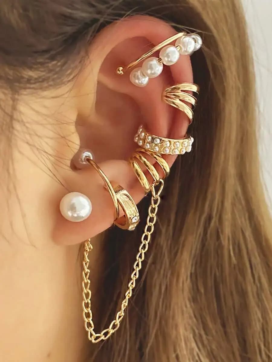 8pcs Faux Pearl Ear Cuffs Set With Chain And Studs For Women