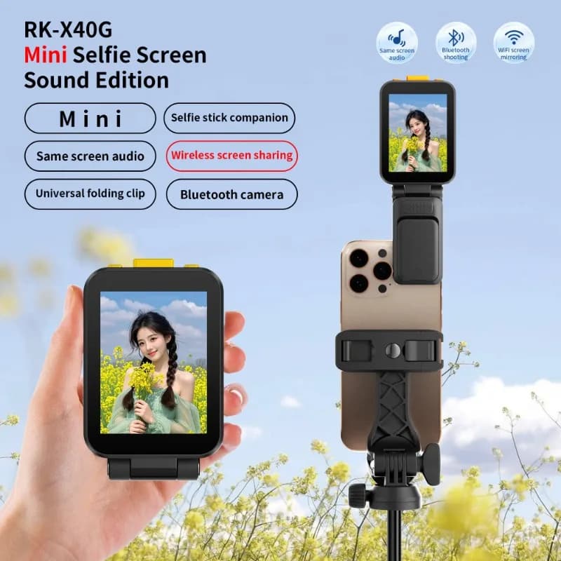 Schermo monitor RK-X40G con clip per cavo vocale per fotocamera posteriore del telefono Schermo monitor selfie magnetico wireless per iPhone Android