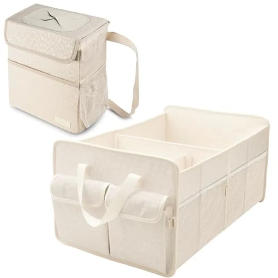 Set Organizzatore per Bagagliaio Auto 70L e Cestino Impermeabile con Stampa Leopardata Beige