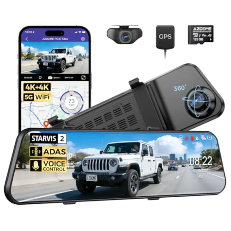 Dash Cam Anteriore e Posteriore 4K+4K per Veicoli, Sensore STARVIS 2, Nero, Doppio HDR, Effetti AR, ADAS, Display da 12 Pollici, 5.8GHz
