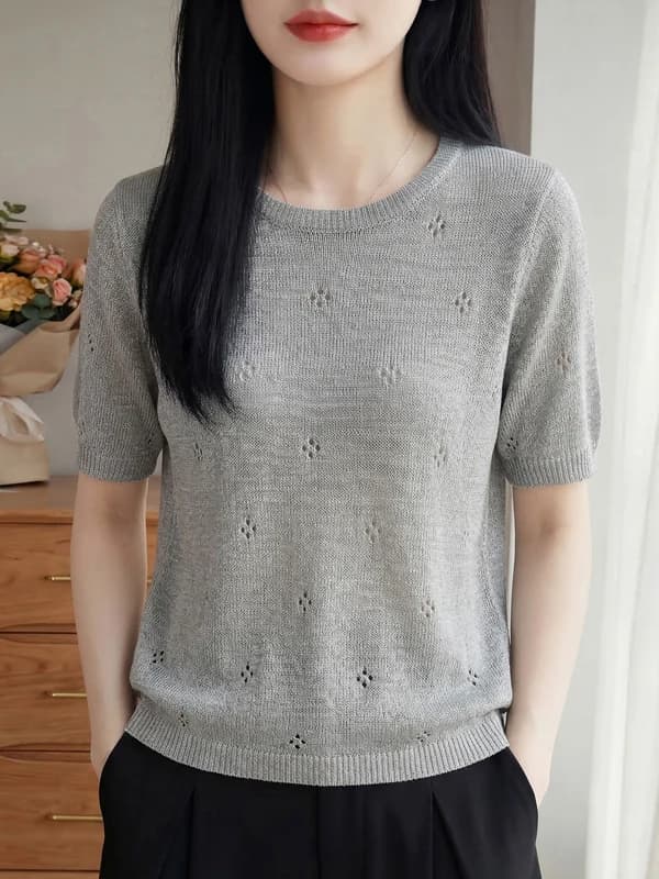 Simple Basic Knitted T-Shirt Women's round Neck Hollow out Knitwear Fashionable High-End Feeling Top Spring Summer New Arrival
