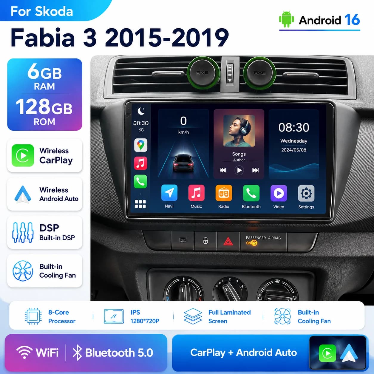 Android 16 Multimedia Car Radio For Skoda Fabia 3 III 2015 2016 2017 2018 2019 Carplay Wifi GPS RDS DVD Autoradio Stereo DSP