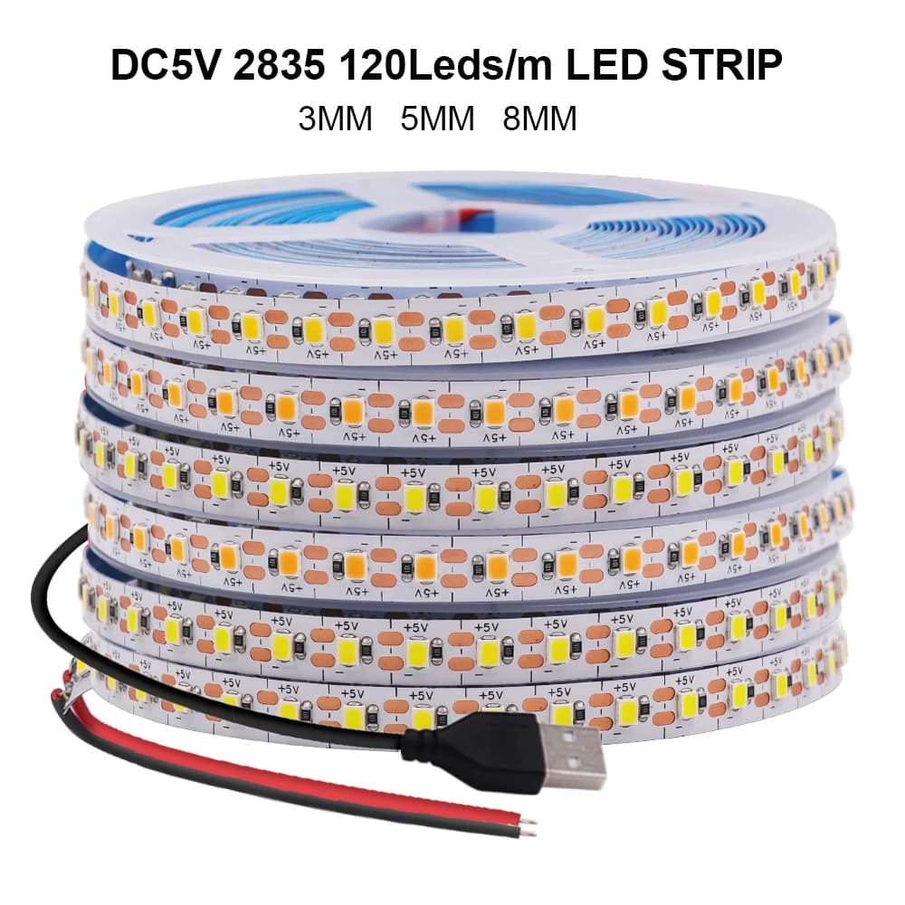5V 2835 HA CONDOTTO LA Luce di Striscia 3mm 5mm 8mm PCB Larghezza 120Led/m Nastro LED Flessibile Nastro Diodo USB/2PIN Filo Luci A Led per la Decorazione Della Stanza