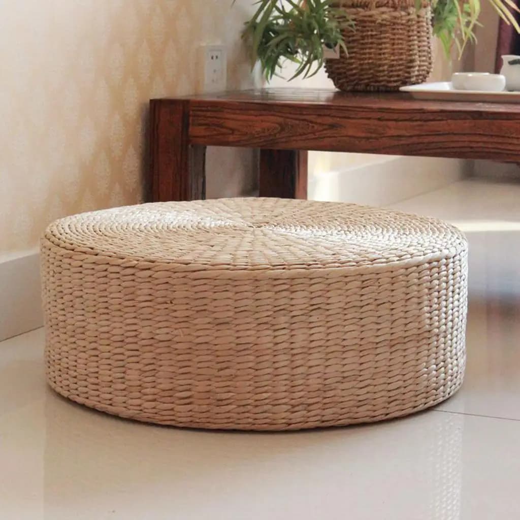 Natural Woven Round Floor Cushion Handmade Rattan Pouf Ottoman Meditation Floor Pillow for Living Room Breathable Portable Seat