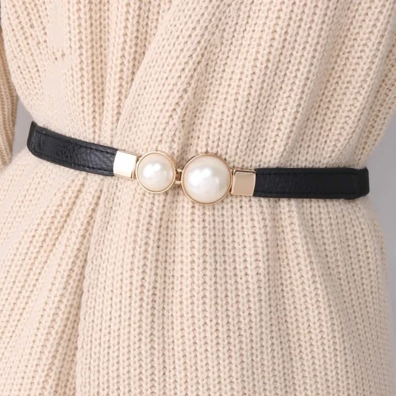 Cintura alla Moda con Doppia Perla in Pelle PU, Elastica e Sottile, Accessorio Elegante per Abiti e Gonne da Donna