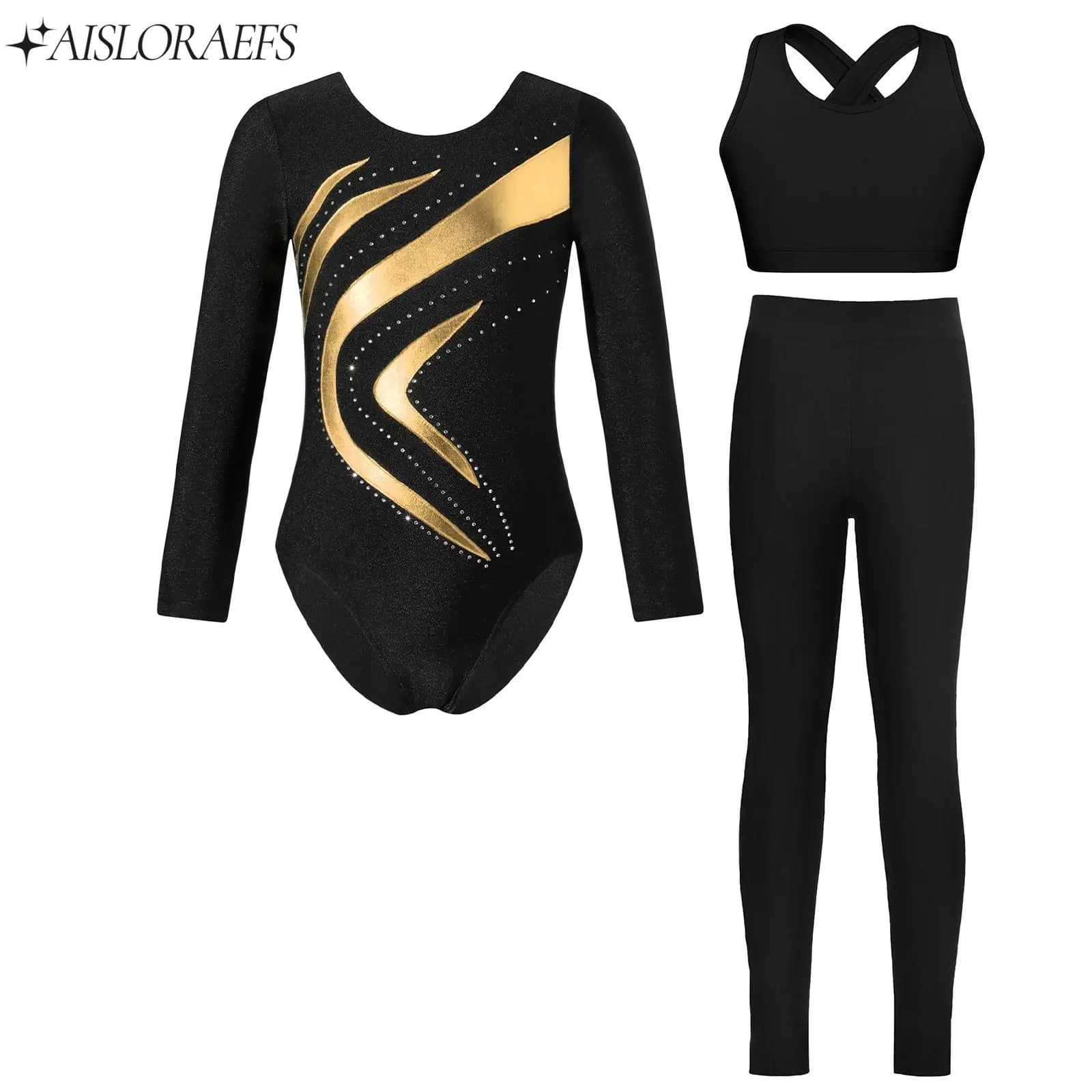 Bambino Ragazze Ginnastica Balletto Vestito da ballo Costume da bagno Manica lunga Body metallizzato + Gilet + Leggings Set per la danza di pattinaggio artistico su ghiaccio