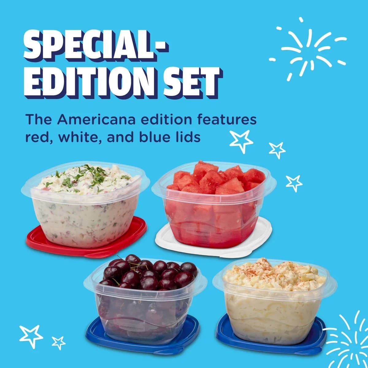 Rubbermaid 4pc TakeAlongs 5.2C/1.2L Deep Square Summer Food Storage Containers - Red/White/Blue