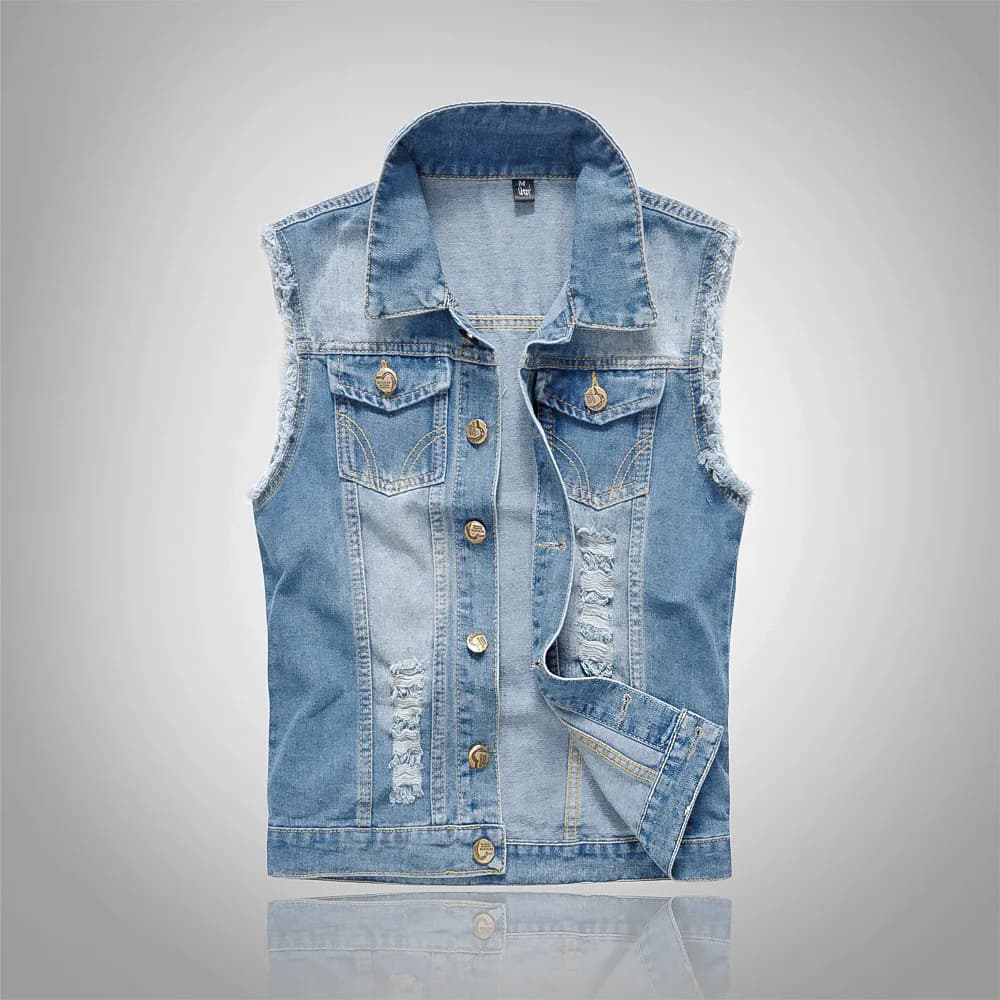 Trendy Motorcycle Men's Clothing: Light Blue Denim Jacket, Blazer-Style Top, Denim Vest with Holes, Denim Vest-Like Shirt