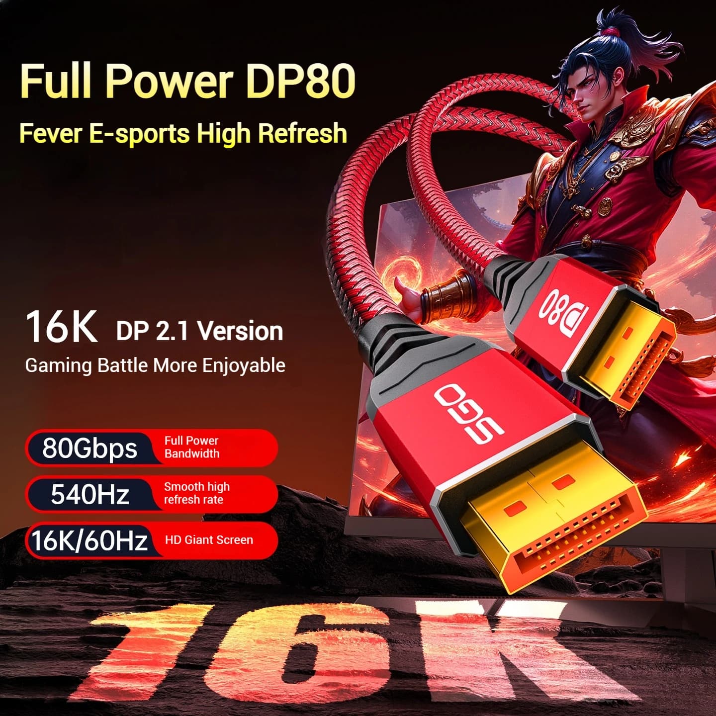 Cavo DisplayPort da 80 Gbps Cavo 2.1 DP 2.1 Cavo porta display 16K DP80 HDR DSC Cavo porta display intrecciato certificato VESA 16K a 60 Hz