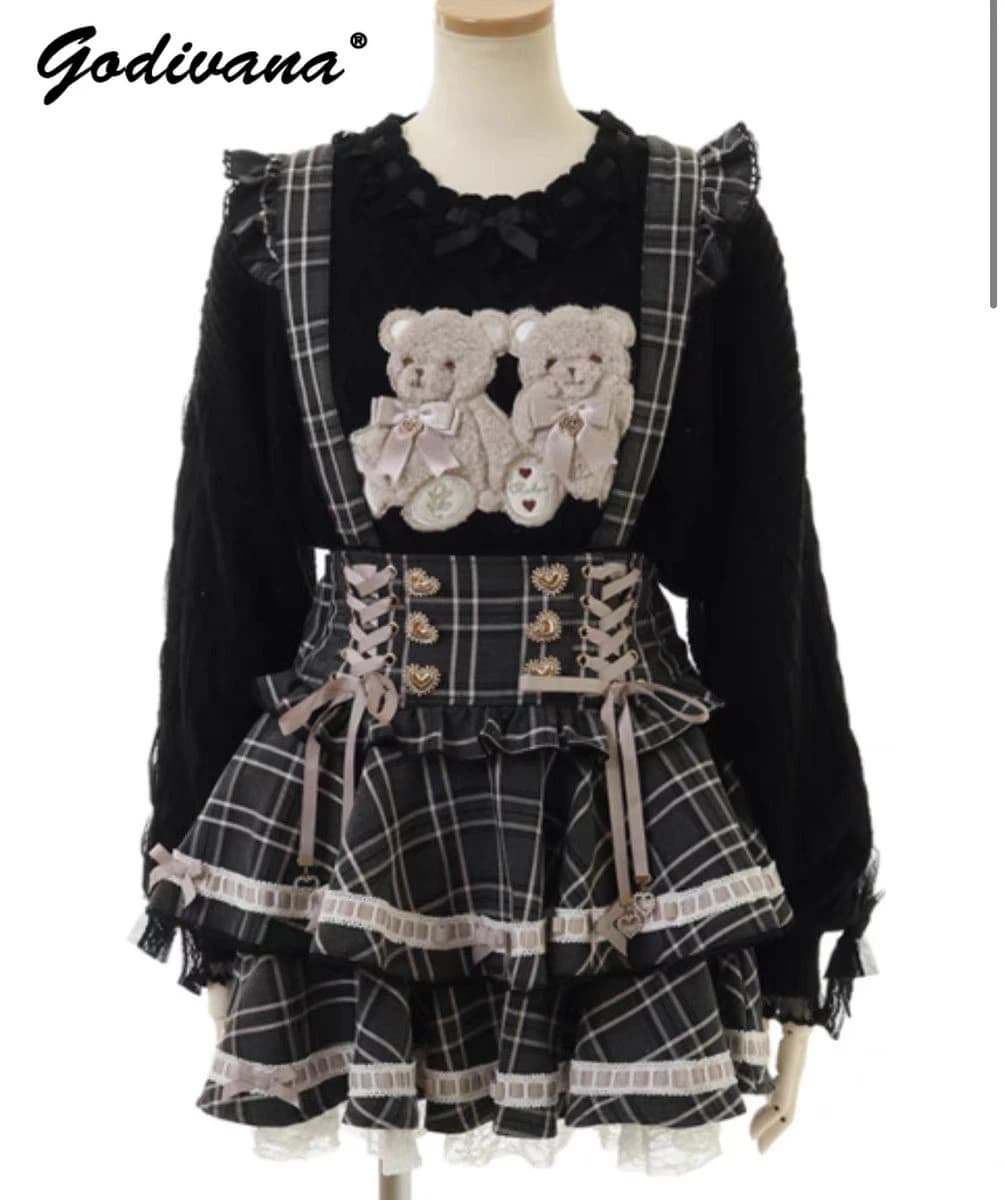 Miniera giapponese Autunno e Inverno Lolita Plaid Cinghie Gonna New Liz Girl Donna a vita alta con volant e bretelle Gonne corte