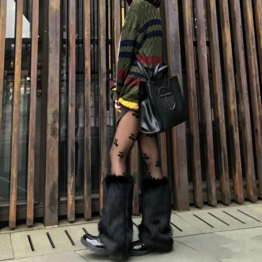Scaldamuscoli pelosi in pelliccia sintetica imitazione pelliccia con fiocco stile giapponese stivali Lolita copertura Y2K calzini morbidi alti al ginocchio per ragazze da donna