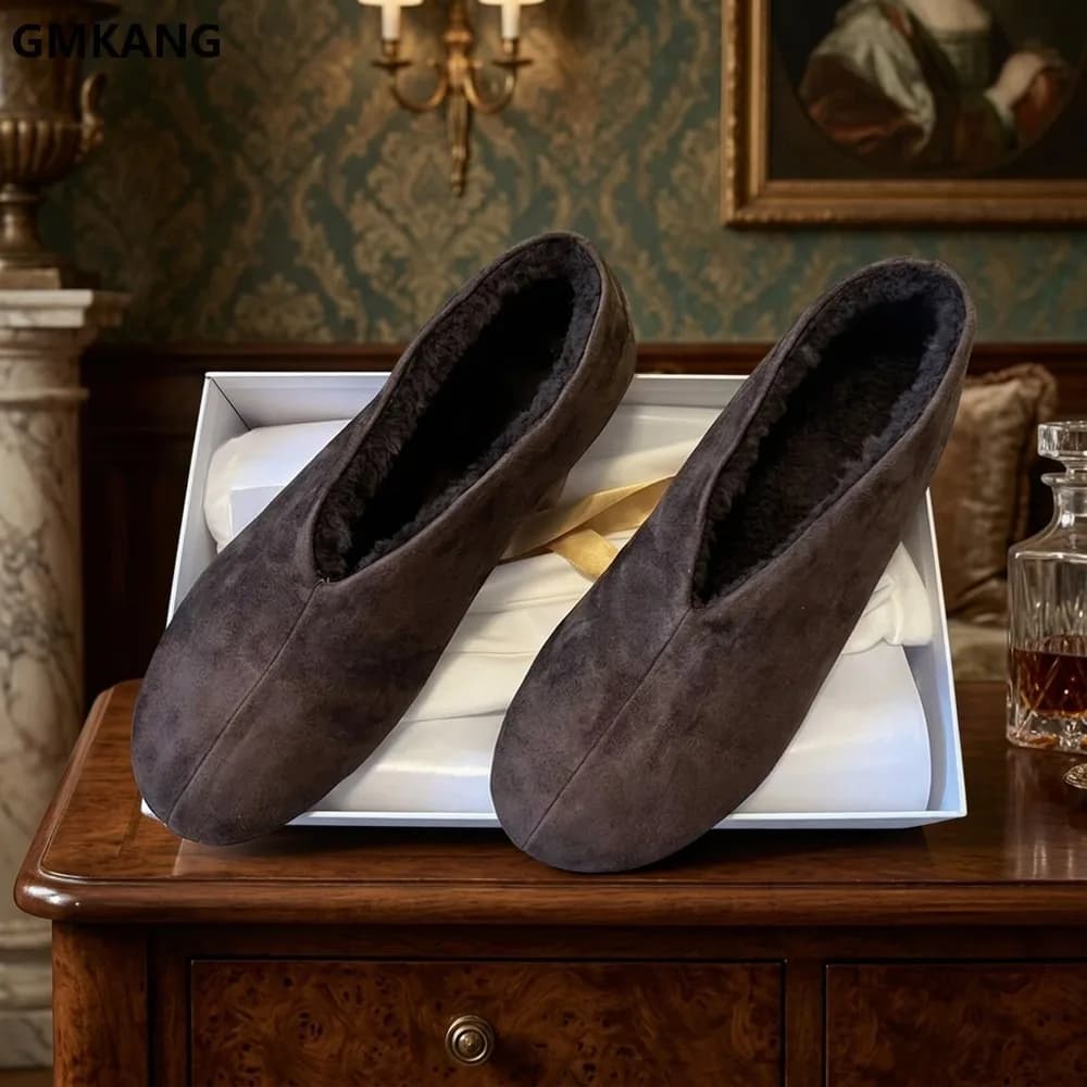 GMKANG Women's Genuine Leather Loafers Round Toe Slip-On Flat Shoes Warm Wool Lined Comfortable Walking Shoes Casual