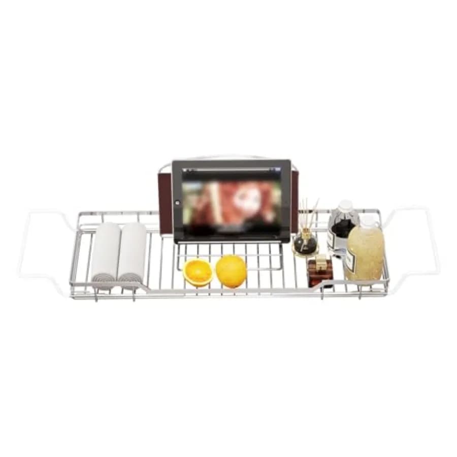 Supporto regolabile per vasca da bagno, vassoio da bagno in acciaio inossidabile 304, organizer multifunzione per vasca con supporto regolabile per lettura, per tablet o