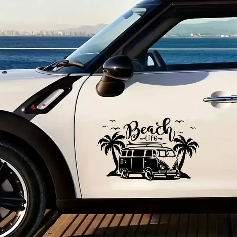 Beach life; beach buggy; camping; RV; travel; van; side; door; tailgate; car decal; vinyl sticker