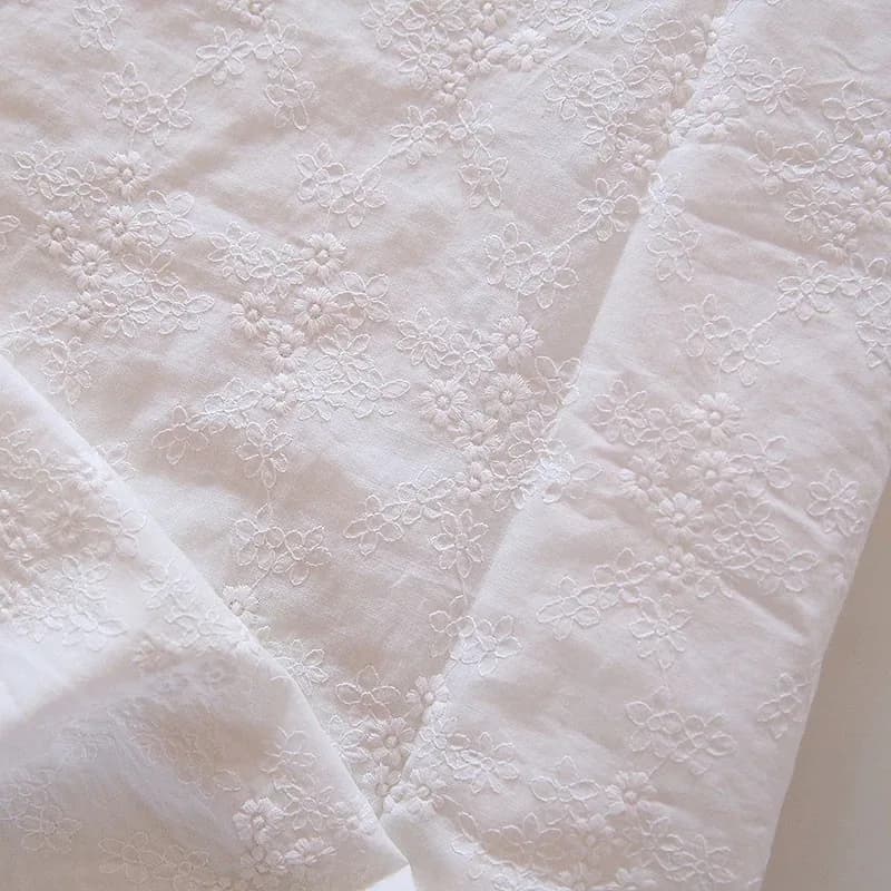 White embroidered floral pure cotton fabric dress material small and fresh floral fabric craft fabric