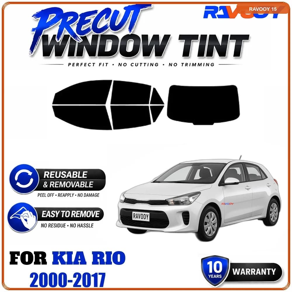RAVOOY Precut Window Tint, Reusable Removable EPU Film, Custom Fit for Kia Rio 2000-2017, UV Heat Protection