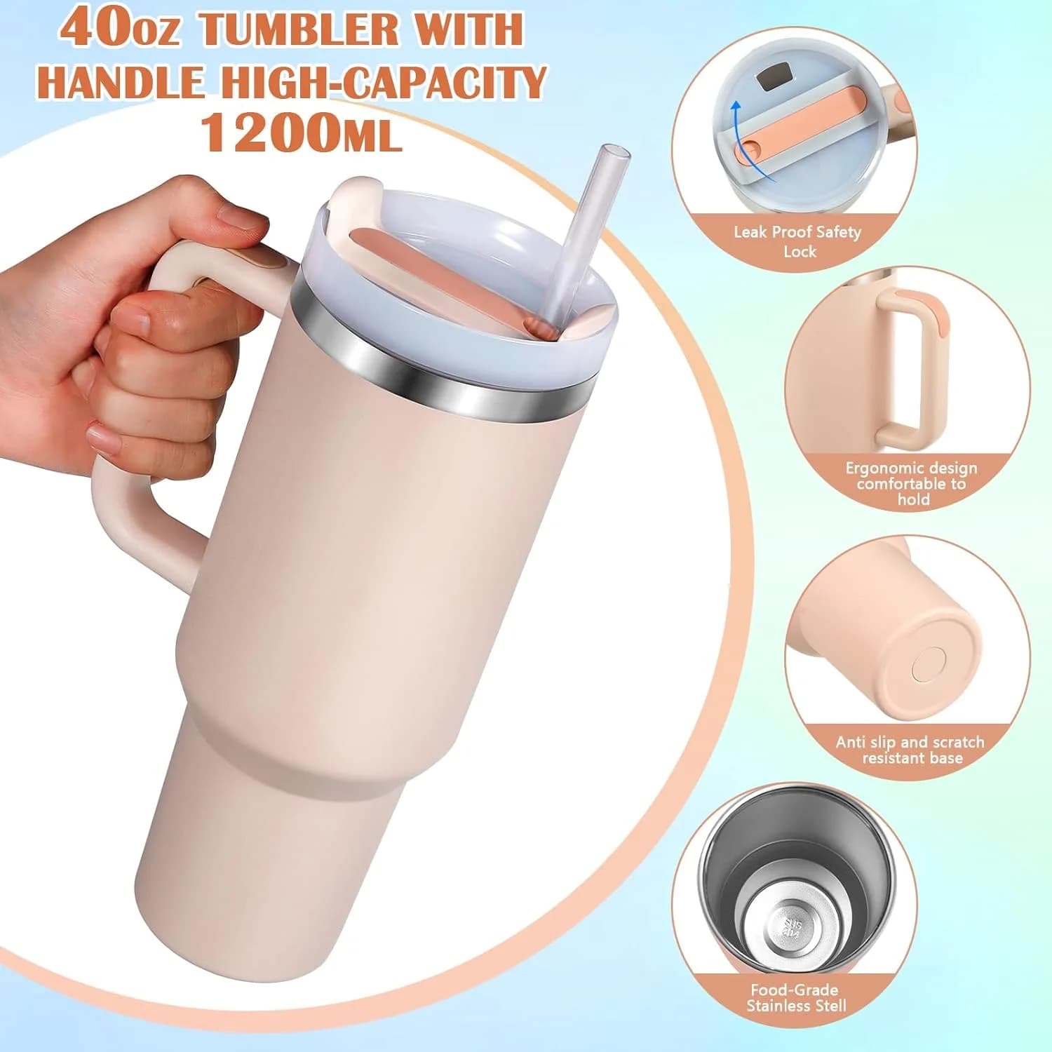 Tazza termica da auto da 40 once, thermos isolato con manico, bottiglia d'acqua da 1,18 litri, tazza sottovuoto in acciaio inossidabile per acqua calda