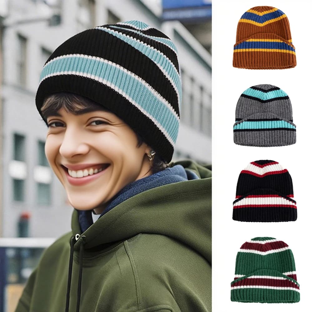 Cappelli invernali unisex stile Kpop, cappelli a cuffia alla moda per giovani, cappelli da strada per coppie, cappelli lavorati a maglia dal design elegante a righe