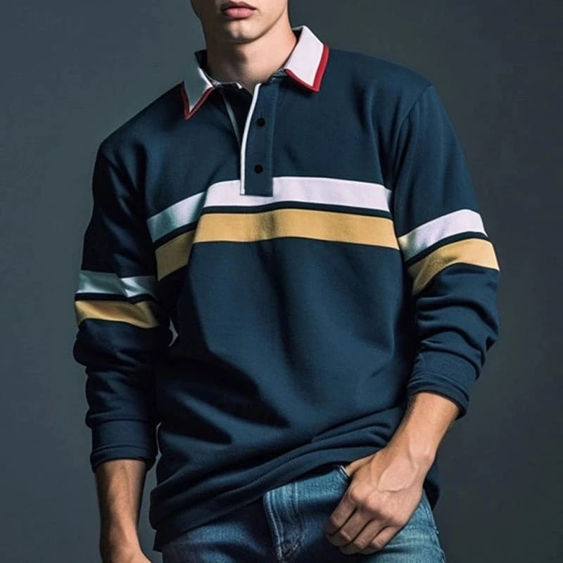 Polo grafiche a righe casual da uomo Semplice autunno Business Polo da golf a maniche lunghe stampata in 3D T-shirt con risvolto larghe e traspiranti