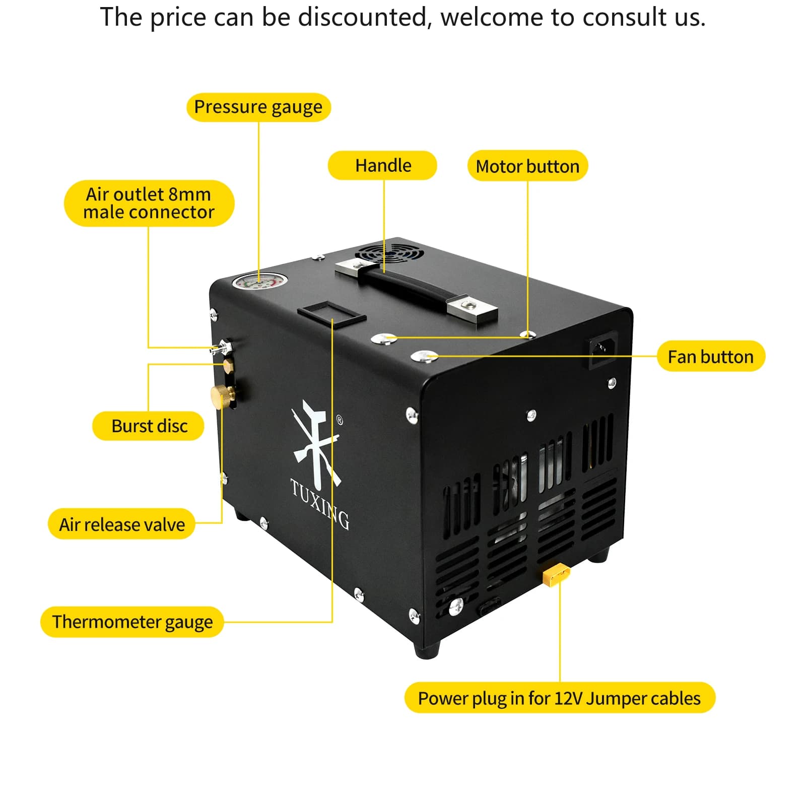 TUXING Sale Hot 12V 4500psi Arrest Manual Temperature Control Without Oil Transformer Built-in Snorkeling Air Compressor Hunt PCP