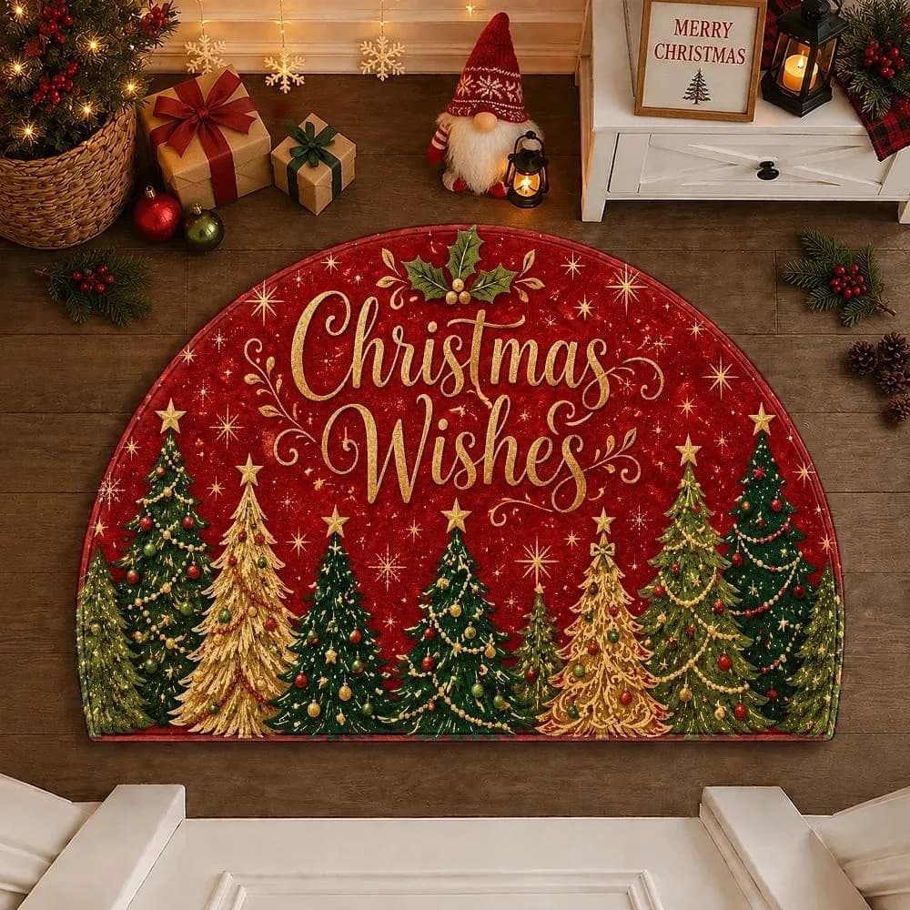 Semicircle Doormat Christmas Wishes Letter NonSlip Felt Rug Tree Pattern Entrance Floor Mat Indoor Front Door Welcome Carpet