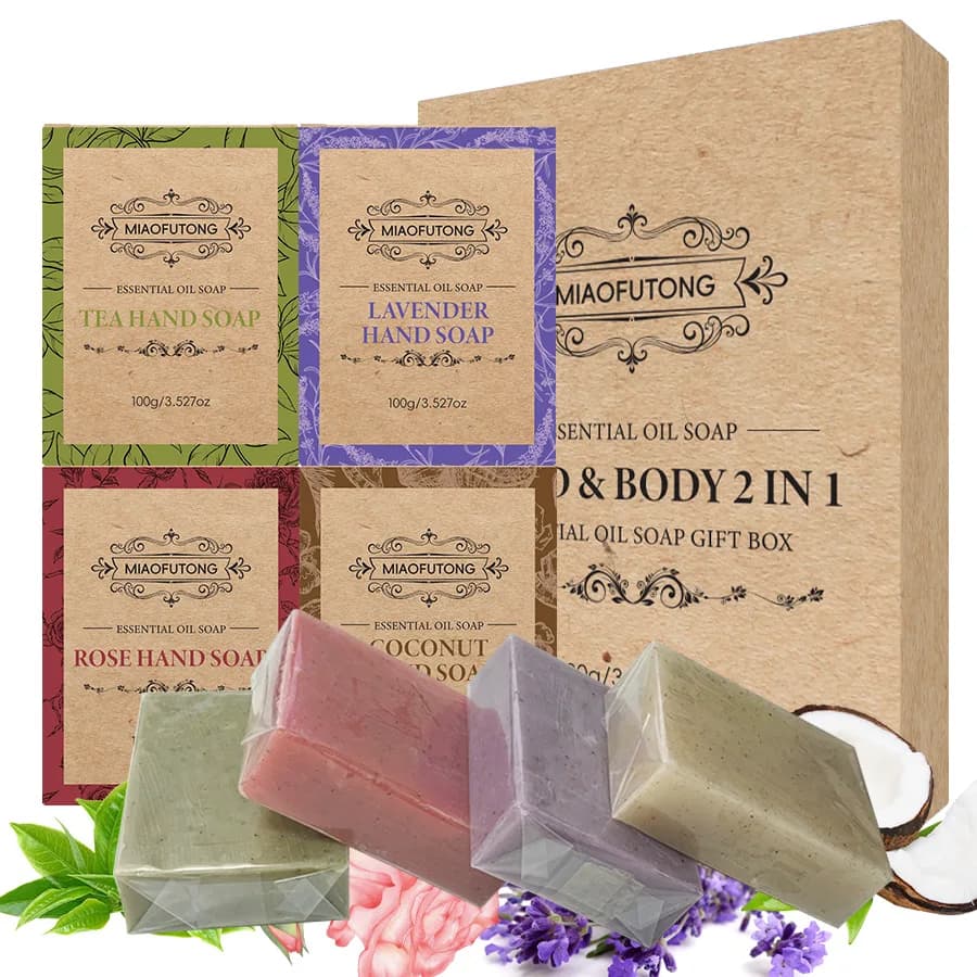 Pack of 4 satin soap, pink, tea tree, lavender, essential coconut oil - kraft paper box for gifts and luxury travel