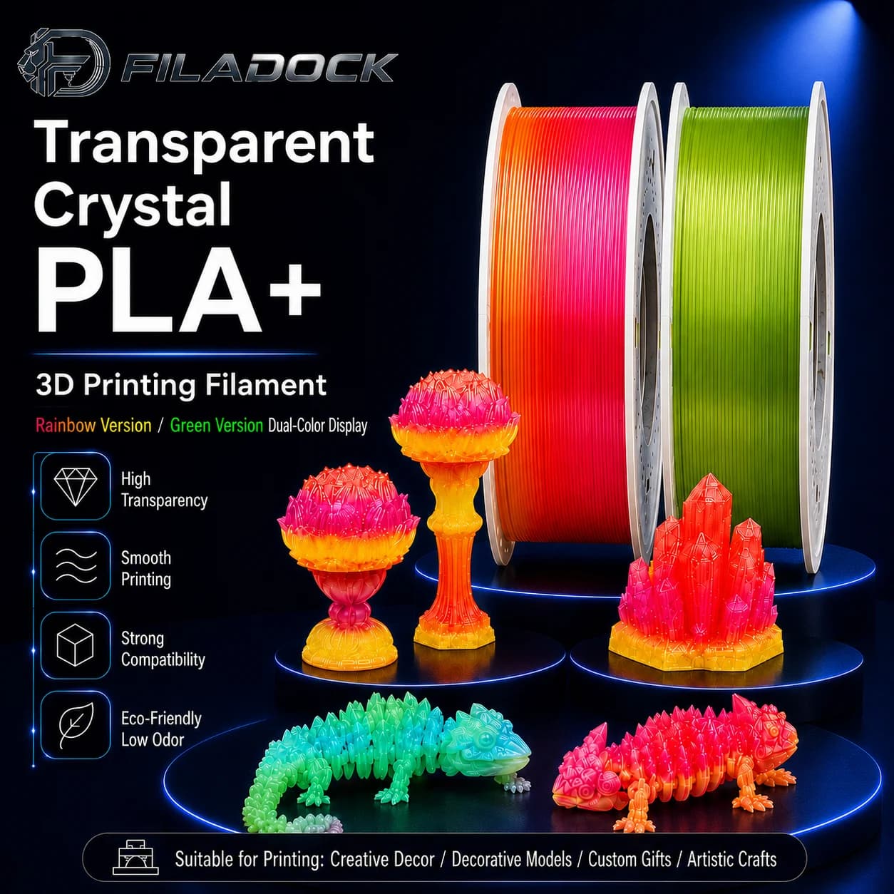 Translucent Crystal PLA+ 1.75mm 3D Printer Filament Rainbow/Green Dual Color Silk PLA+ Semi Transparent Smooth Printing for FDM