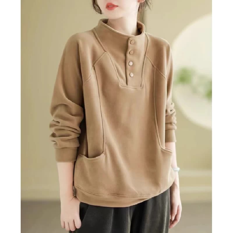 Thickened Velvet Hoodie Women's Loose Korean Style Warmth Button Design Sense Pocket Splicing Meat Covering Versatile Neckline