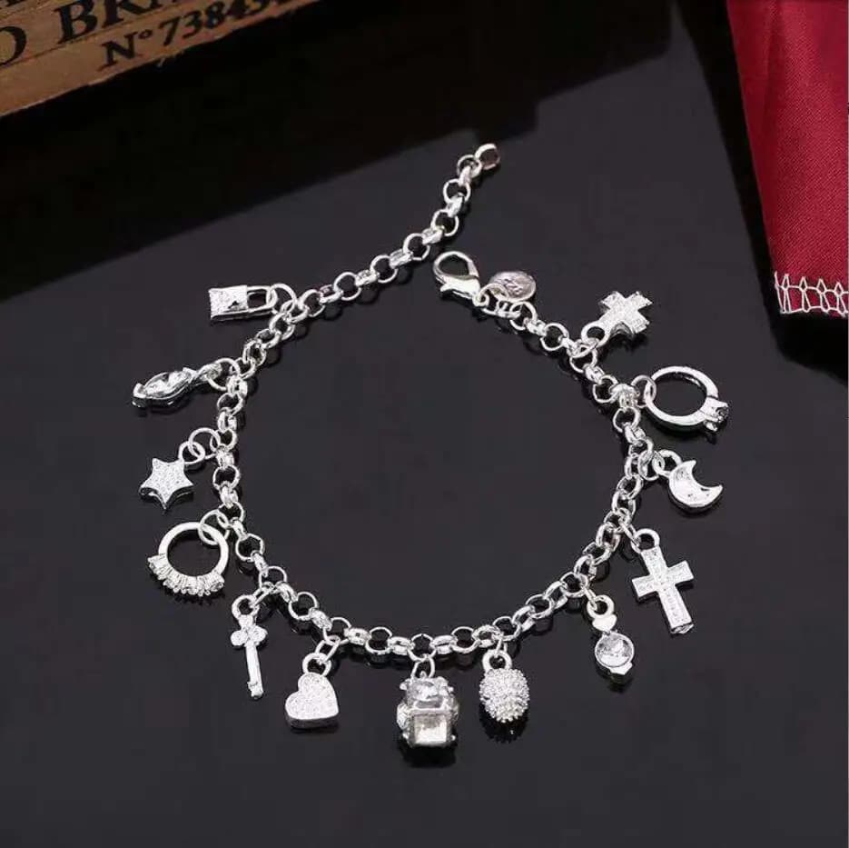 1PC ciondoli in argento croce serratura chiave cuore stella luna fiore zircone braccialetto braccialetto accessori di alta gioielleria da donna F1940