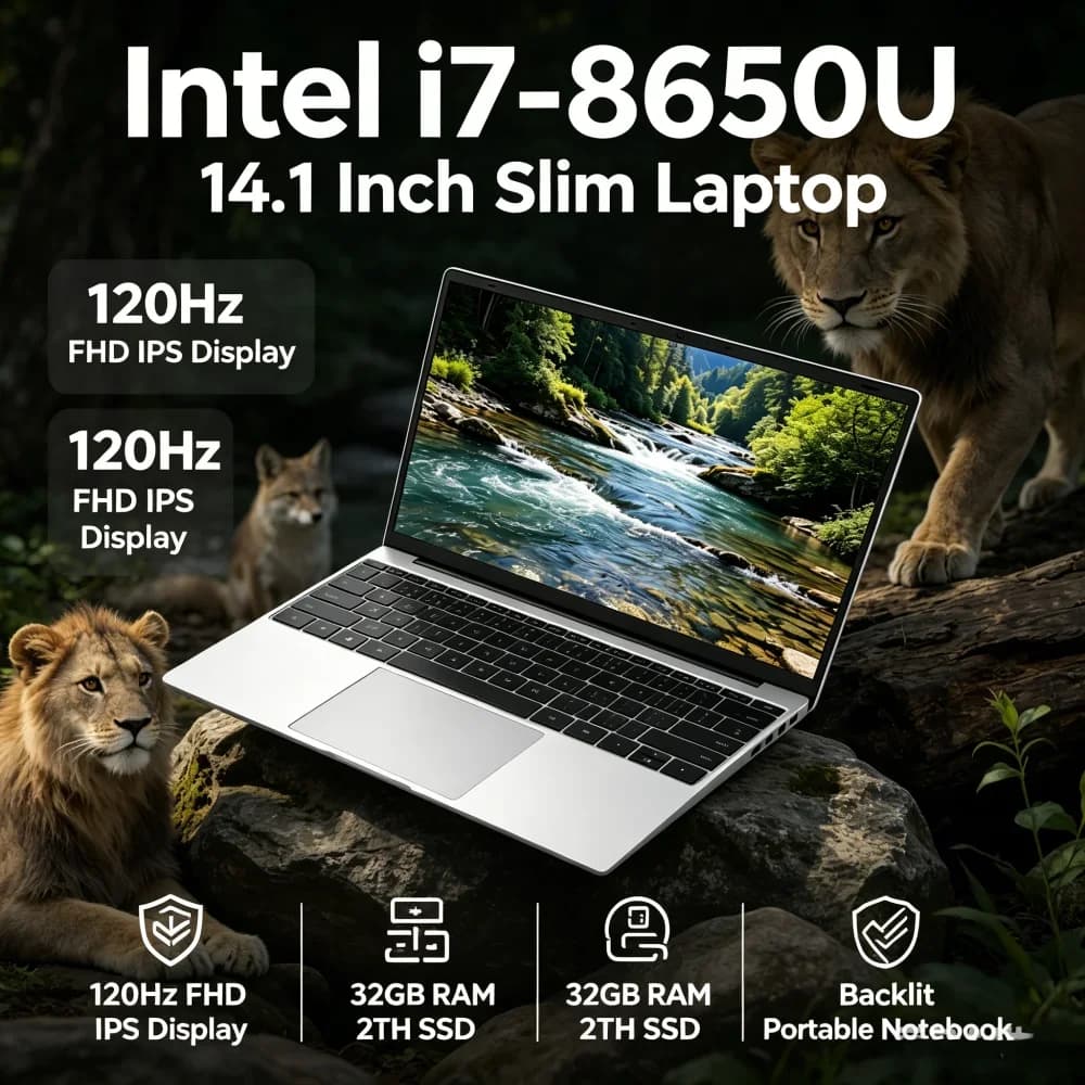 Laptop Leggero Portatile da 14.1" con Processore N95, Pannello IPS FHD 120Hz, 32GB RAM, 2TB SSD, Tastiera Retroilluminata