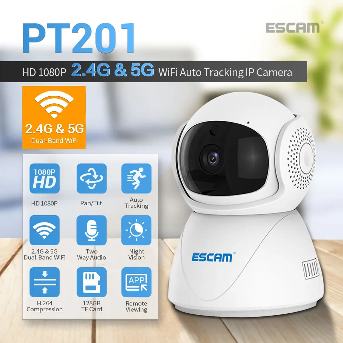 ESCAM PT201 2MP 1080P 2.4G e 5G Dual Network Wireless WIFI IP Camera Home Security PTZ Dome Baby Monitor