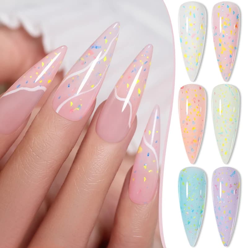 Smalto Semipermanente Gel Base Rubber Effetto Zucchero Vibrante 7.5ml Colori Pastello con Glitter e Paillettes Soak Off UV per Manicure