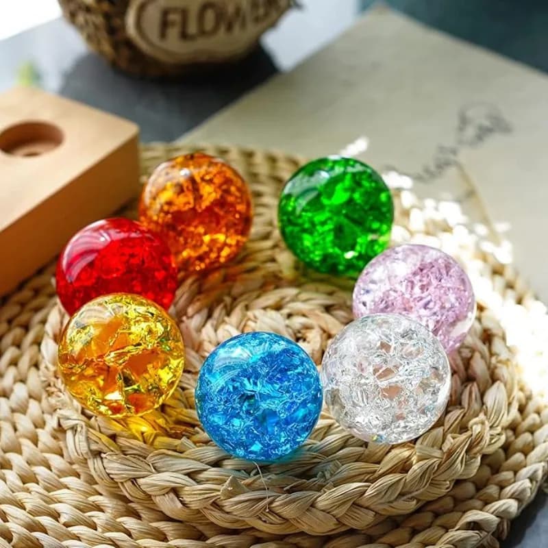 Sfere di Cristallo Chakra con Base in Legno LED, Sfere di Vetro Effetto Ghiaccio, Sfere Curative con Luce Notturna, 7 Colori, 40mm