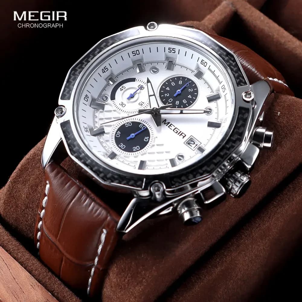 MEGIR 2015 Orologio da uomo al quarzo Cinturino in pelle Stile da corsa Gioco da uomo Temporizzatore automatico Data Orologi per uomo Reloj Hombre