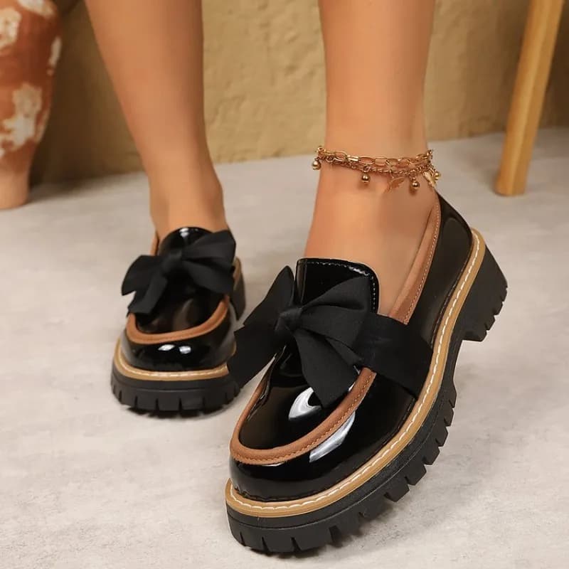 Fashion Leather Bow Decoration Loafers Women Thick Platform Slip-On Shoes Everyday Casual Outdoor British Style Single Shoes