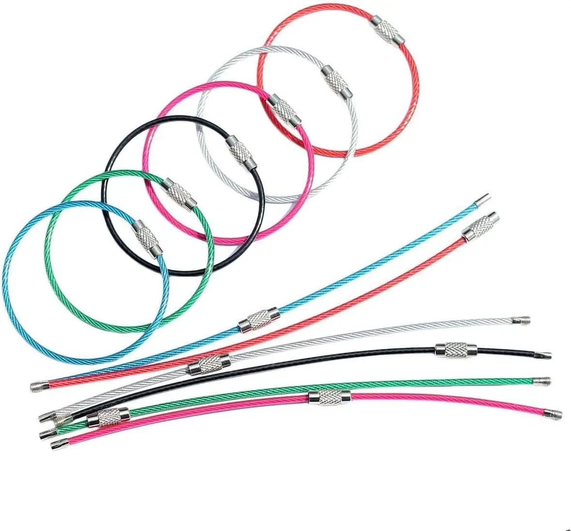 Stainless Steel Key Rings, 2mm Thick Wire, 6-inch Cable, 12-Pack, 6 Colors