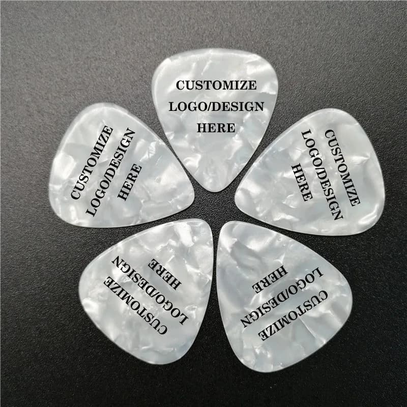100 pezzi Personalizza sui colori perlati Plettri per chitarra in celluloide Crea il tuo logo Design su entrambi i lati Stampa plettro per chitarra