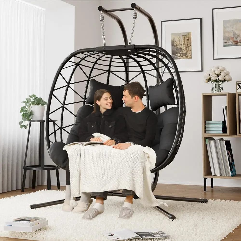 Sedia a dondolo a uovo doppia con supporto, sedia a cesto in vimini per patio da interno/esterno per 2 persone, con cuscino nero 550 L