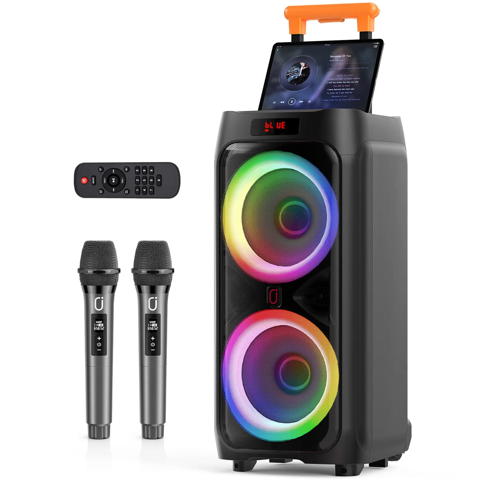 Macchina per karaoke T9 con 2 microfoni wireless, grande altoparlante per feste Bluetooth da 8" con potenza di picco da 500 W, ruote rotanti e Tolley