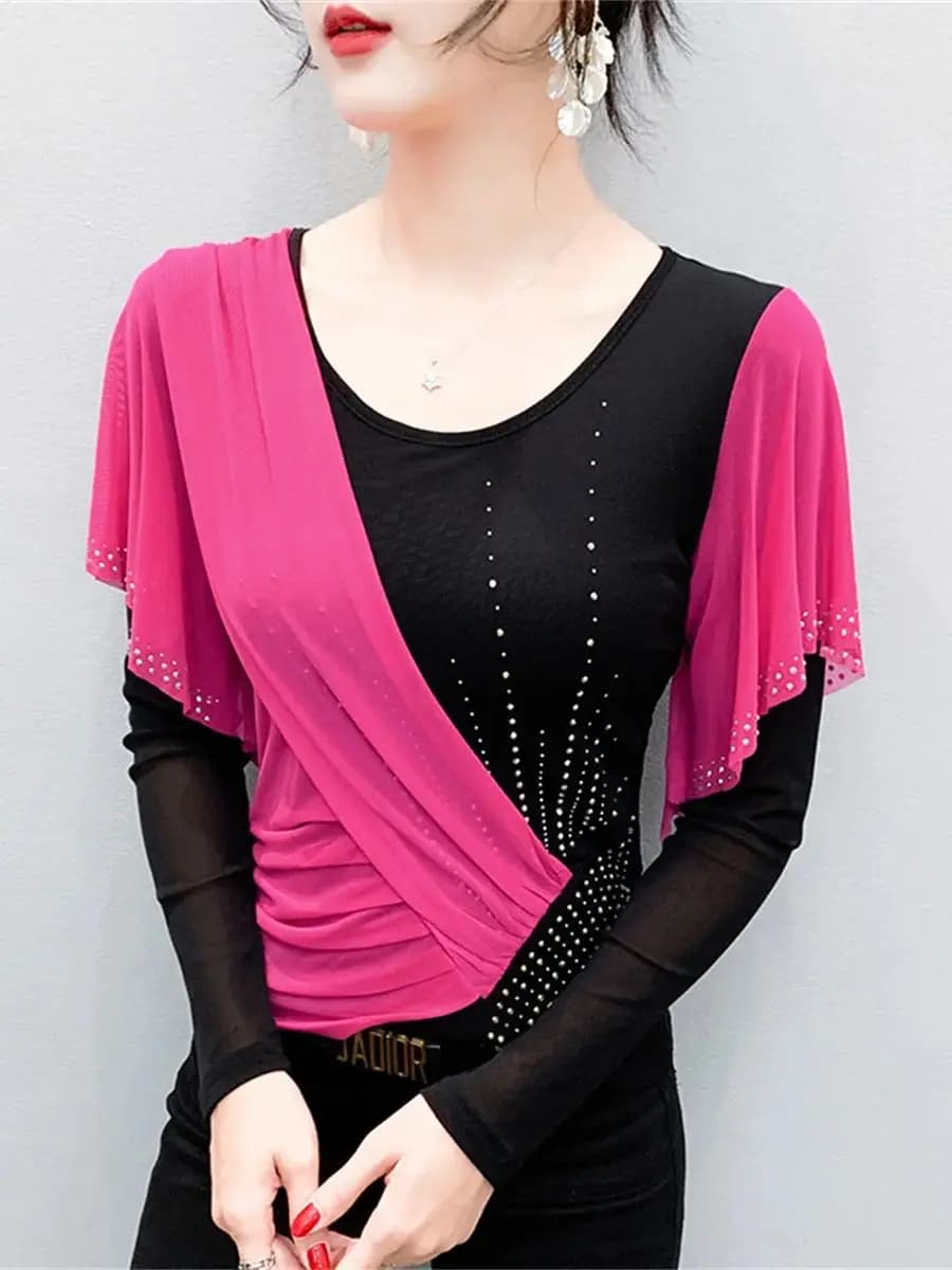 Fall 2025 Fashion Mesh Blouse Color-Block Patchwork Ruffles Rhinestone Long Sleeve Versatile Tshirt for Women