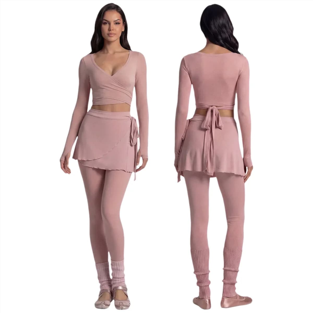 Long Sleeve Yoga Top Cross Front Ballet Core Workout Set Tie Back Sports Top Women Gym Dance Pilates Fitness Clothes